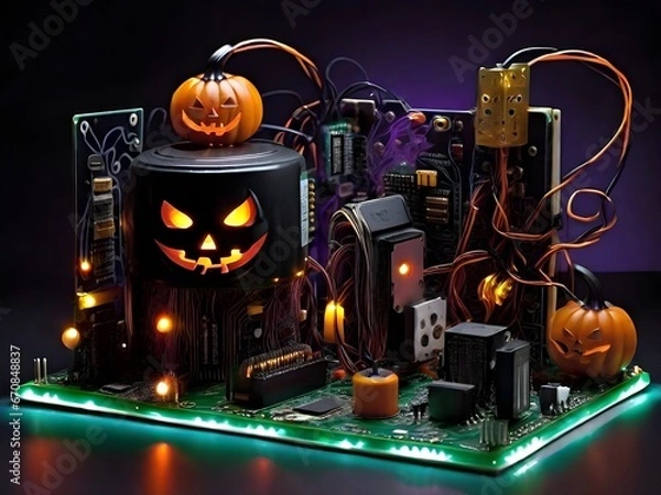 Fototapeta Haunted Circuit Board: Halloween Tech Spectacle Generated by AI
