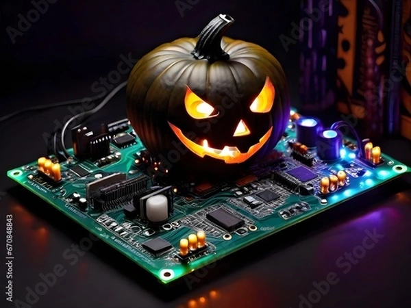 Fototapeta Haunted Circuit Board: Halloween Tech Spectacle Generated by AI