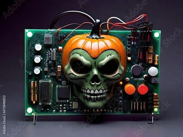Fototapeta Haunted Circuit Board: Halloween Tech Spectacle Generated by AI