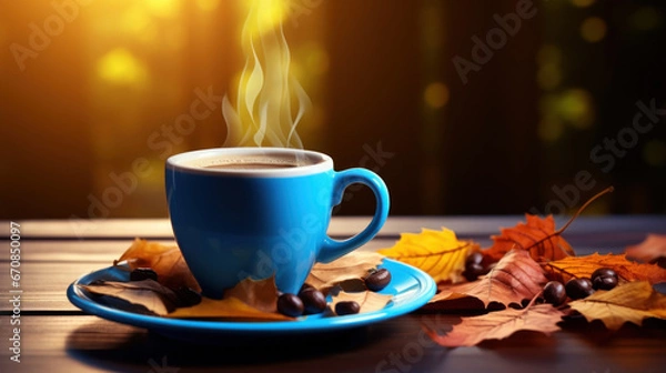 Fototapeta A cup of coffee on a wooden table with fall leaves.