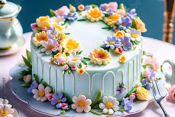 Fototapeta There is a flower decoration cake on the anniversary. The cake decorated with flowers looks beautiful and elegant. Generative AI.
