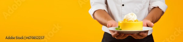 Fototapeta Happy professional confectioner in uniform holding delicious cake on a yellow background, advertising banner, web banner, Place for your text, copy space, empty space, Generative AI
