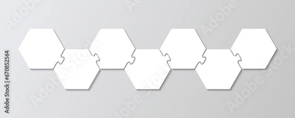 Fototapeta Jigsaw puzzle infographics with 7 steps. Business presentation info graphic. Hexagon business chain infographic. Process diagram with pieces, parts. Puzzle hexagonal grid. Vector illustration