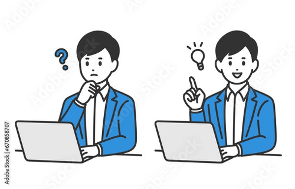 Fototapeta パソコンを見て疑問を持つ･ひらめきのポーズをするビジネスパーソン男性のセット【人物ベクターイラスト素材】