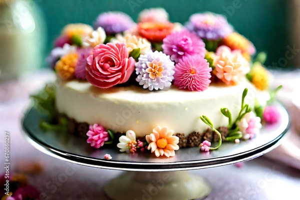 Fototapeta a flower cake for the anniversary. The flower decoration on the cake is beautiful and lovely.
Generative AI.