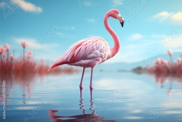 Fototapeta Pastel flamingo in a reflective pose, encouraging mindfulness and relaxation in calming pastels, Generative AI