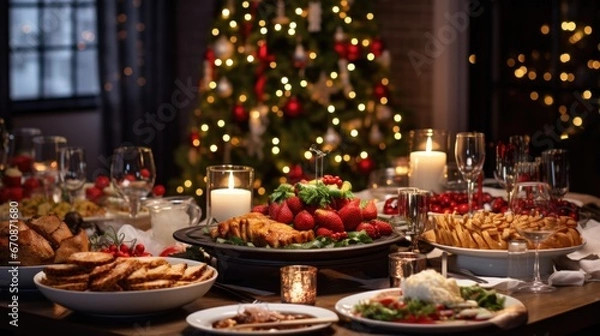 Obraz Christmas or New Year's dinner table full of dishes with food and snacks background.
