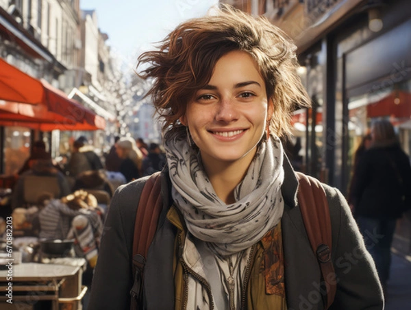 Fototapeta Portrait of a young attractive woman with curly hair. She dreams of future, smiles, looks into the camera. Modern city life diversity concept. Different people. Ai generative
