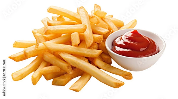 Fototapeta French fries with ketchup isolated on transparent background, tasty fried gold potato chips for menu with red tomato sauce ketchup, restaurant diner, takeout, fast meal, junk food, dinner, side snack