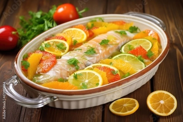 Fototapeta fish fillets marinated with assorted citrus fruits