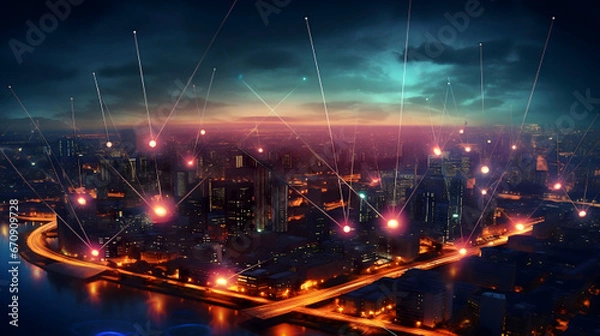 Fototapeta Smart city and communication network concept. 5G. LPWA (Low Power Wide Area). Wireless communication.