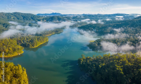 Fototapeta Ariel view of Tuyen Lam lake in Dalat, Vietnam in misty sunny morning 