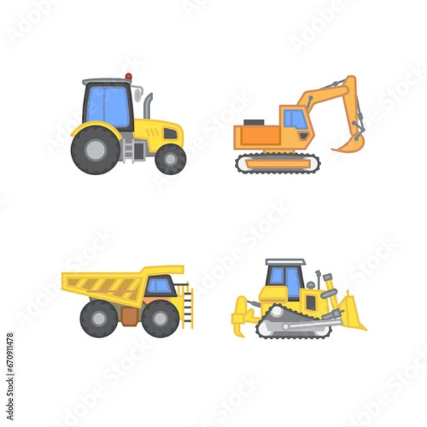 Obraz Heavy machinery icon set contains icons such as a dump truck, tractor, bulldozer, and excavator. Editable stroke	
