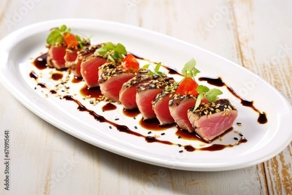 Fototapeta seared tuna steak with sesame seeds on a white plate