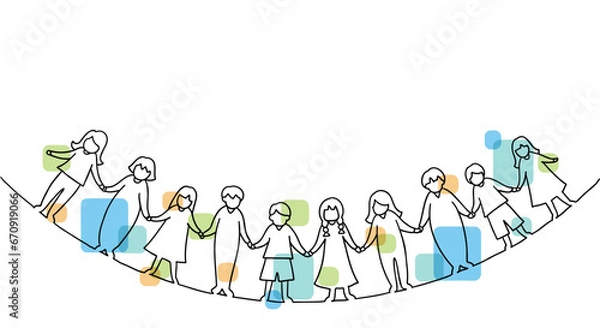 Obraz 手をつなぐ子ども達の線画イラスト