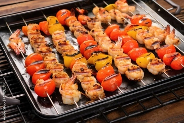 Fototapeta grilled shrimp skewers with grill marks on a metal tray