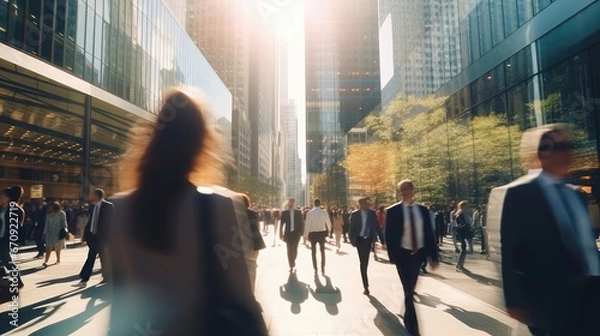 Fototapeta Business people in downtown during golden rush hour