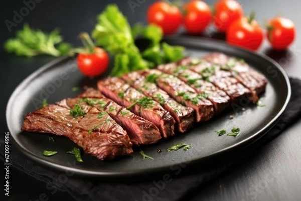 Obraz grilled skirt steak garnished with fresh herbs on plate
