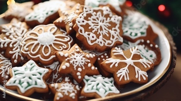 Fototapeta  Holiday Delicacies: Top View of Mouth-Watering Decorated Christmas Cookies on Iced Background