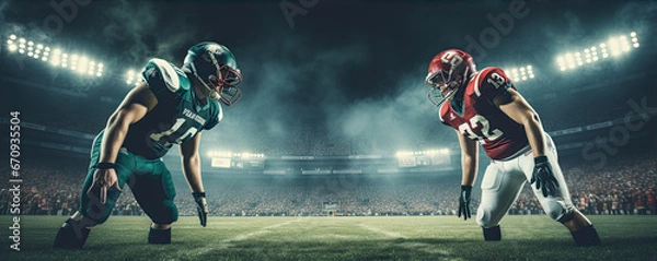 Fototapeta Two american football players with helmets standing opposite.