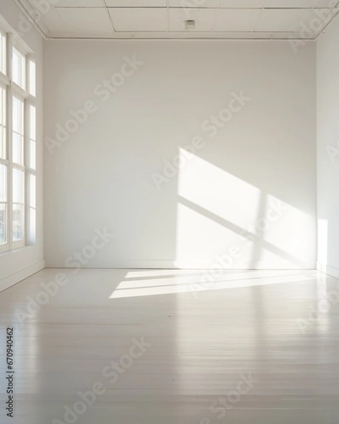 Obraz An empty white room with a window, shadows from the light for product presentation, background for your photos, overlay