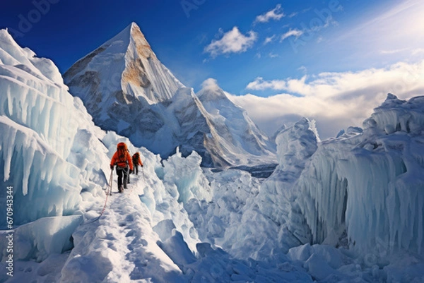 Obraz Image of a group of Sherpas and mountaineers climbing Mount Everest on a sunny day. It goes with all their equipment to be able to reach the summit.