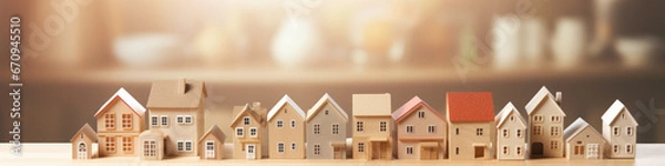 Obraz Mortgage crisis, toy wooden block houses in a row on the kitchen worktop,