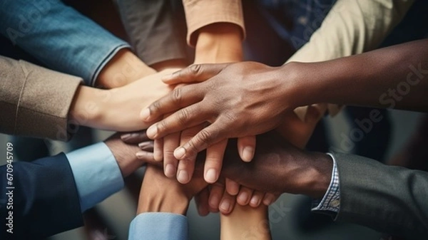 Fototapeta close up of diverse stacked hands