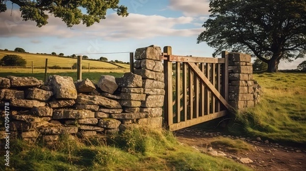 Obraz An AI illustration of a stone wall and gate along a field near a tree