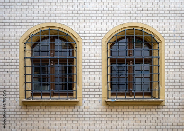 Fototapeta Two arched wooden windows protected by metal grilles. Set in a stone window band and white brick wall