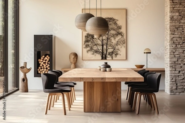 Fototapeta Interior design of modern dining room, wooden table with chairs in combination of boho and japandi style 3d rendering