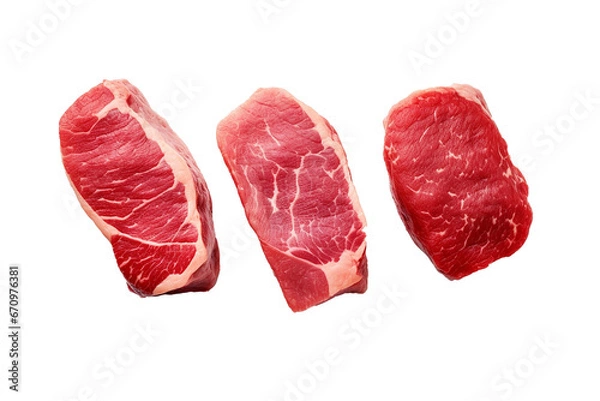 Fototapeta Three pieces of raw steak isolated on transparent or white background, png