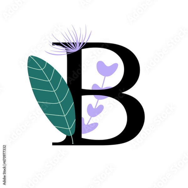 Fototapeta Floral alphabet, letter B with flowers and leaf. For invitations, greeting card, logo, poster and other design. 