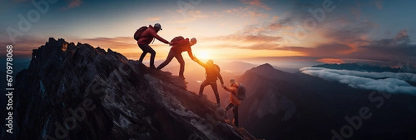 Obraz Panoramic view of team of people holding hands and helping each other reach the mountain top in spectacular mountain sunset landscape