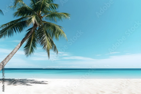 Fototapeta tropical beach view at sunny day with white sand, turquoise water and palm tree. Neural network generated image. Not based on any actual scene or pattern.