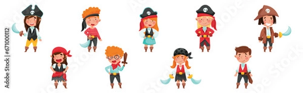 Fototapeta Cheerful Boy and Girl in Pirate Costume with Sword or Saber Vector Set