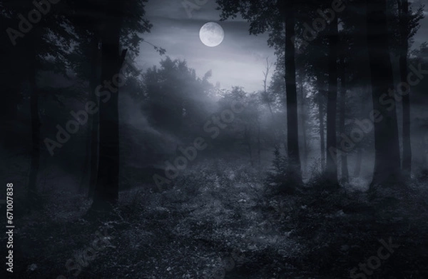 Fototapeta horror forest at night with full moon in the sky