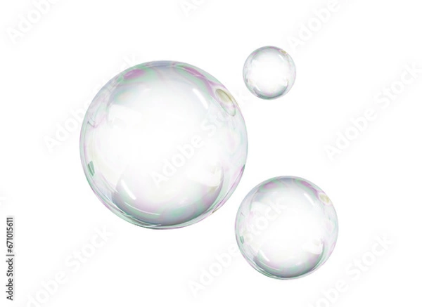Fototapeta 3D Soap bubble floating on white background. Water foam bubbles with rainbow colors. Realistic iridescent ball. Soap transparent balloon. 3D Rendering