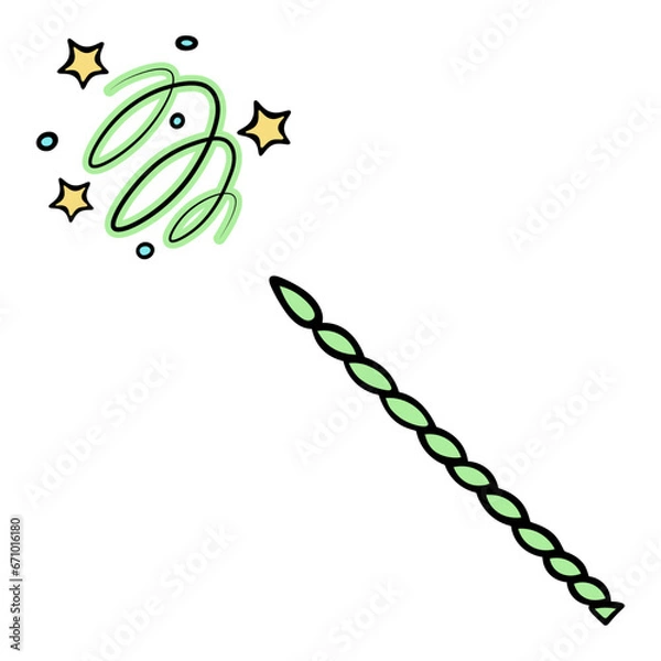 Fototapeta Witchcraft with a green magic wand. A twisted wand twisted in a spiral creates a vortex movement of magical green dust and golden stars. Miracle tool. Color vector illustration. Cartoon style. 