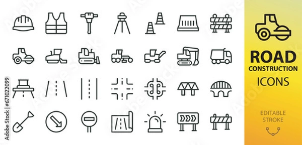 Fototapeta Road construction isolated icons set. Set of traffic cone, road barrier, paver, bulldozer, road junction, bridge, graver, asphalt roller vector icon with editable stroke