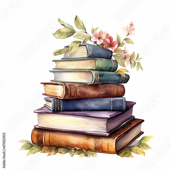 Fototapeta A pile of old vintage books with flowers isolated on a white background, watercolor clipart illustration
