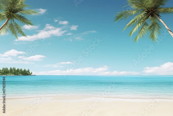 Fototapeta tropical beach view at sunny day with white sand, turquoise water and palm tree. Neural network generated image. Not based on any actual scene or pattern.