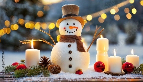 Fototapeta Snowman with Christmas tree with candles