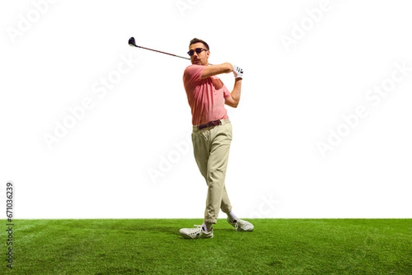 Fototapeta In singular moment frozen in time, essence of golfing perfection encapsulated, revealing profound dedication and finesse of player.