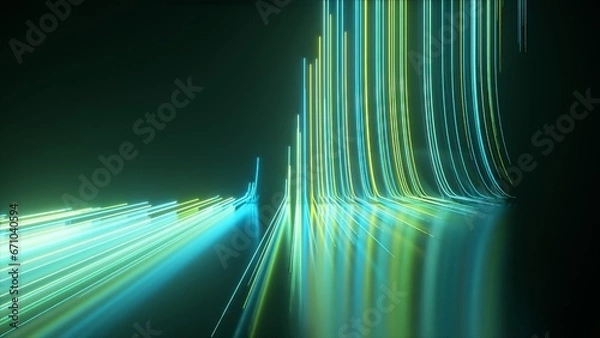 Fototapeta Abstract black background with green blue neon lines go up and disappear. 3d illustration
