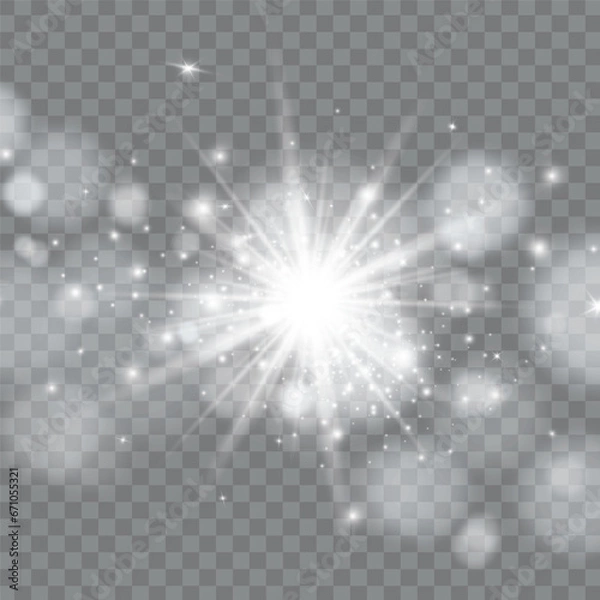 Fototapeta Glow light effect. Starburst with sparkles on transparent background.sun