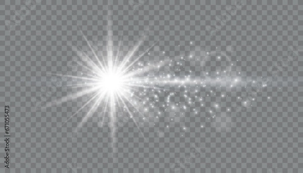 Fototapeta Glow light effect. Starburst with sparkles on transparent background.sun