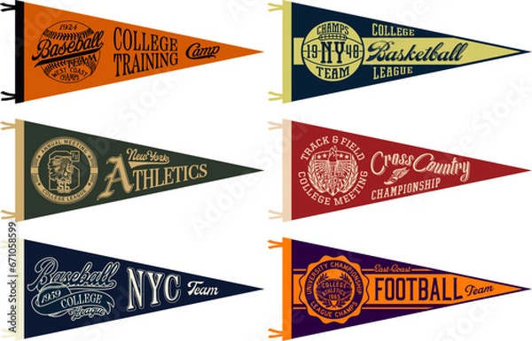 Fototapeta College athletic department basketball football  baseball track field retro  vintage pennant flags vector collection for t shirt print or embroidery applique