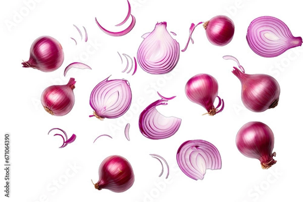 Fototapeta A lot of slice of red onions float on transparent background