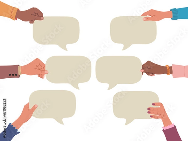 Obraz Diverse hands holding a empty speech bubbles. Communication concept. People exchange ideas. Hand drawn vector illustration isolated on white background, modern flat cartoon style.